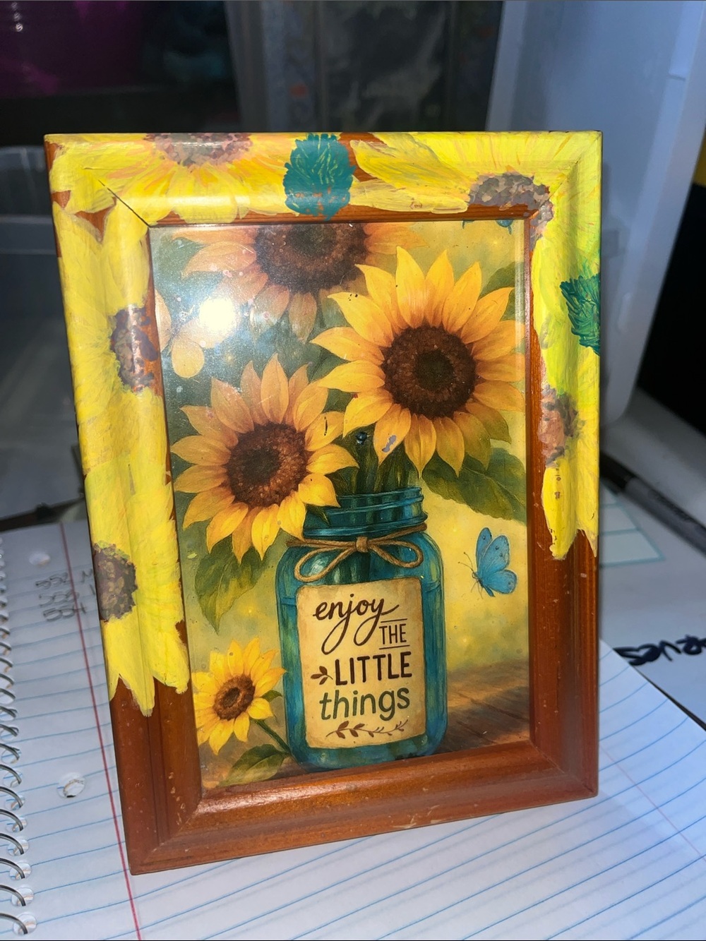 Sunflower Mason Jar Wall Frame – Yellow & Blue Handpainted flowers on frame 555